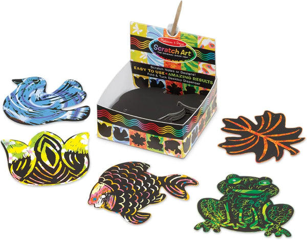 A set of colorful scratching notes with various nature-themed designs, including birds, leaves, and a frog, created by Melissa and Doug.
