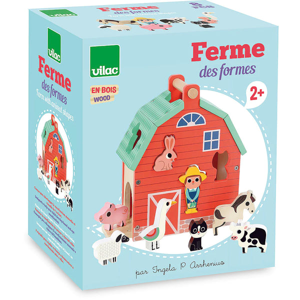 A colorful box of a children's educational toy called 'Ferme des formes' featuring animal shapes on a farm theme, decorated with illustrations by artist Ingela P. Arrhenius.