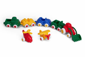 A set of colorful toy vehicles, including cars and trucks, designed for young children.