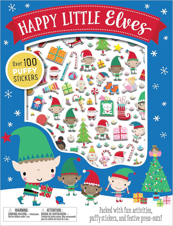 Cover of the 'Happy Little Elves' activity book featuring cartoon elf characters, Christmas-themed decorations, and over 100 puffy stickers.