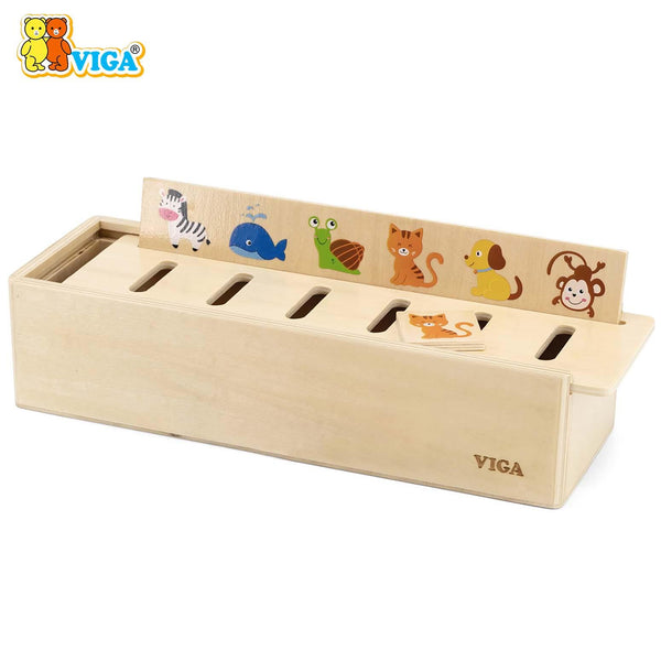 A wooden match and sort toy with various slots and animal illustrations on the top, branded by VIGA.