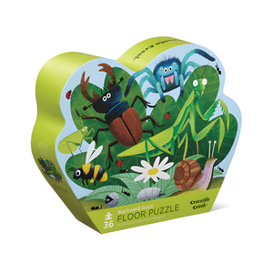 Floor puzzle packaging with illustrations of insects on a white background