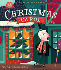 Illustrated book cover of 'A Christmas Carol' with a man in a coat and hat standing in front of a window display.