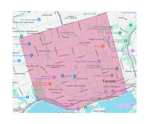 Map of Toronto with a pink bounding box highlighting a specific area.