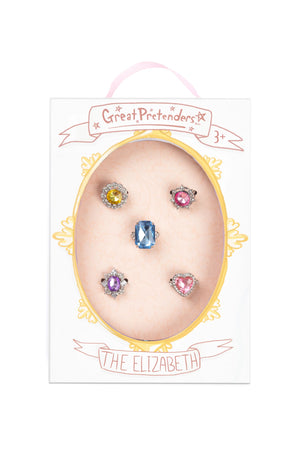 A 5-piece ring set with various colored gemstones displayed in a box with a clear window showing the rings and a title 'The Elizabeth'.