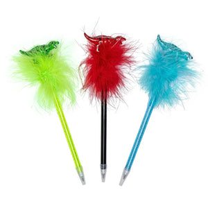 A set of three fluffy pens in green, red, and blue colors with feather embellishments.