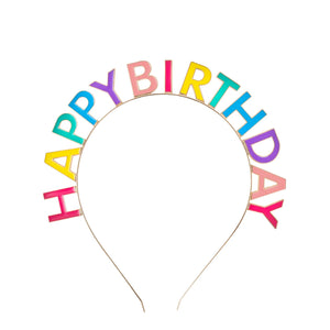 Colorful 'Happy Birthday' headband on a white background