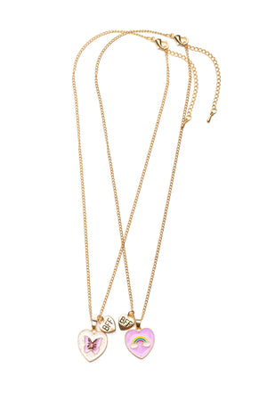 A golden-colored necklace with a layered design, featuring a butterfly and a rainbow motif on heart-shaped charms.