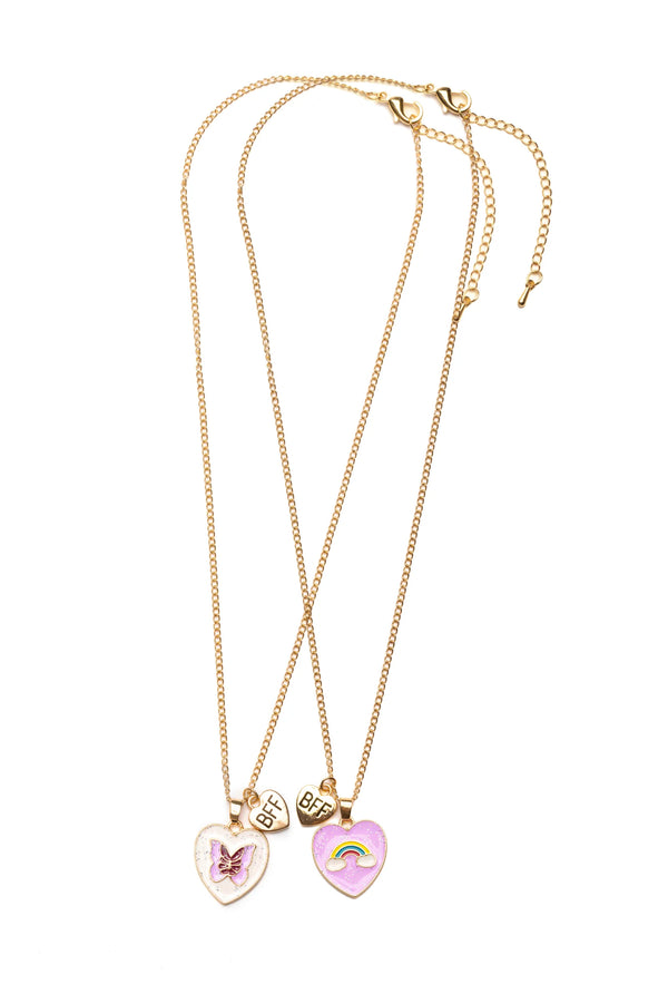 A golden-colored necklace with a layered design, featuring a butterfly and a rainbow motif on heart-shaped charms.
