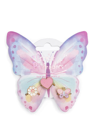 A set of three colorful toy rings designed to look like a butterfly and flowers, intended for dress-up play.