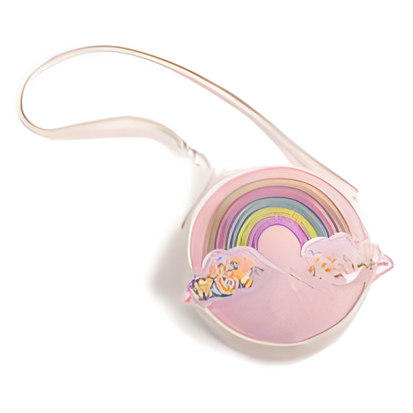 Pink sunglasses with rainbow and cloud design on a white background