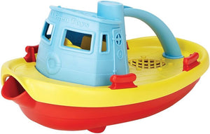 A colorful toy tug boat with a blue deck and yellow base, with features such as a wheel and scoop.