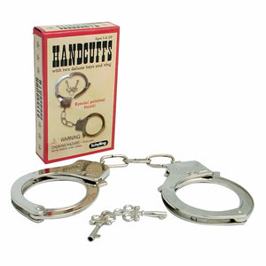 A set of metal handcuffs with two keys displayed in front of their packaging box.
