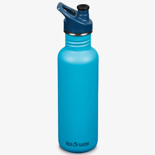 A blue Klean Kanteen 27 oz stainless steel water bottle with a sport cap.