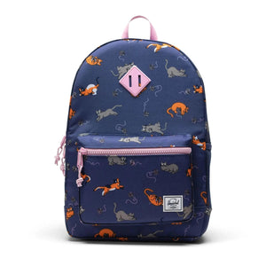 Navy backpack with animal pattern and pink accents on a white background