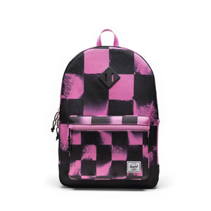 Backpack with pink and black checkered pattern on a white background