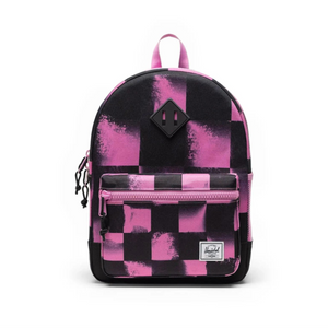Backpack with pink and black checkered pattern on a white background