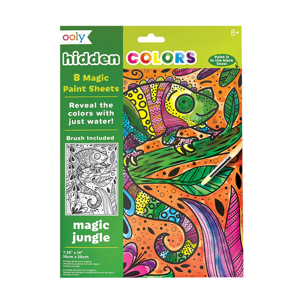 Packaging of Ooly Hidden Colours Magic Paint Sheets with a colorful jungle animal illustration.