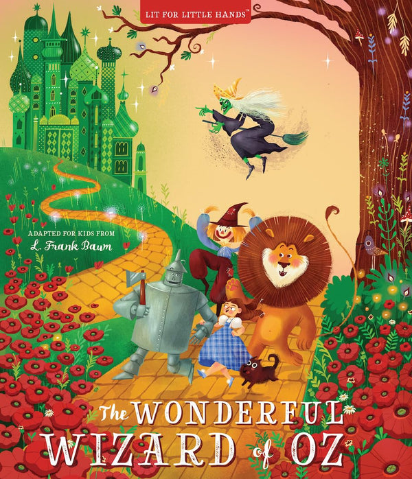 Cover of a board book titled 'Alice's Adventures in Wonderland' with illustrations of characters and a young girl wearing a white dress standing in front of a Wonderland doorway.