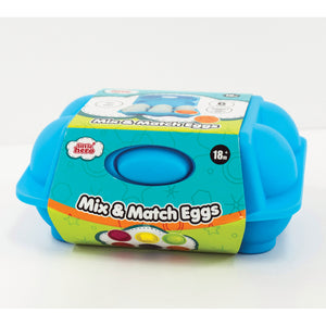A carton of 6 multicolored eggs designed for toddlers, with a blue cover and decorated with colorful patterns.
