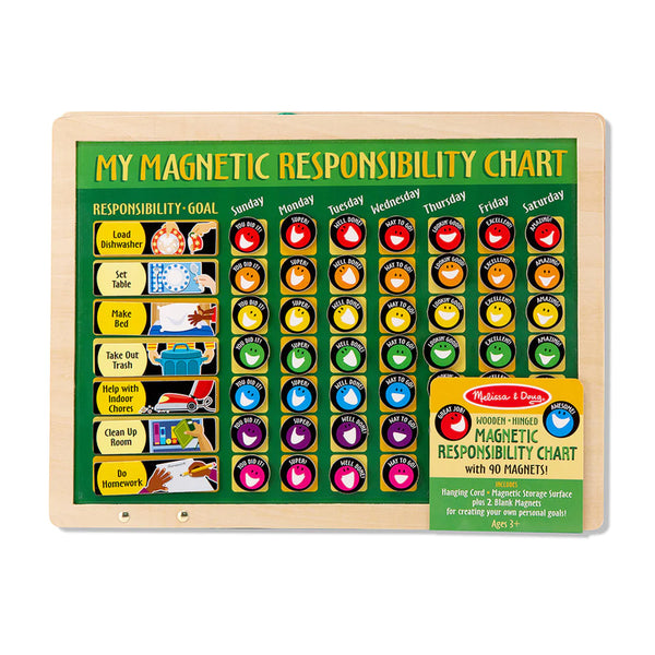 A wooden magnetic responsibility chart with magnets in various colors representing different behaviors and rewards, and a green background.