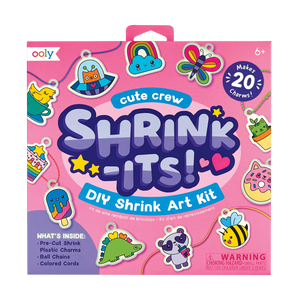 Packaging of Ooly Shrink-Its DIY Shrink Art Kit featuring illustrations of colored charms and cute characters like a bee, a cloud, and a pizza slice.
