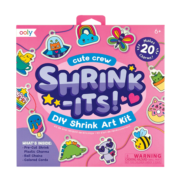 Packaging of Ooly Shrink-Its DIY Shrink Art Kit featuring illustrations of colored charms and cute characters like a bee, a cloud, and a pizza slice.