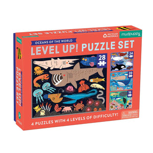 Puzzle box with illustrations of ocean animals and difficulty level text on a white background