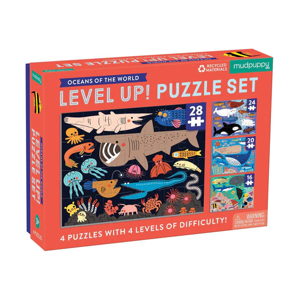 Puzzle box with illustrations of ocean animals and difficulty level text on a white background