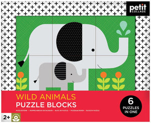 A pack of Petit Collage Wild Animal Puzzle Blocks with a colorful illustration of an elephant and a smaller elephant, flowers, and leaves on the packaging.