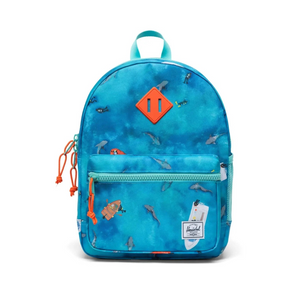 Blue backpack with orange accents on a white background