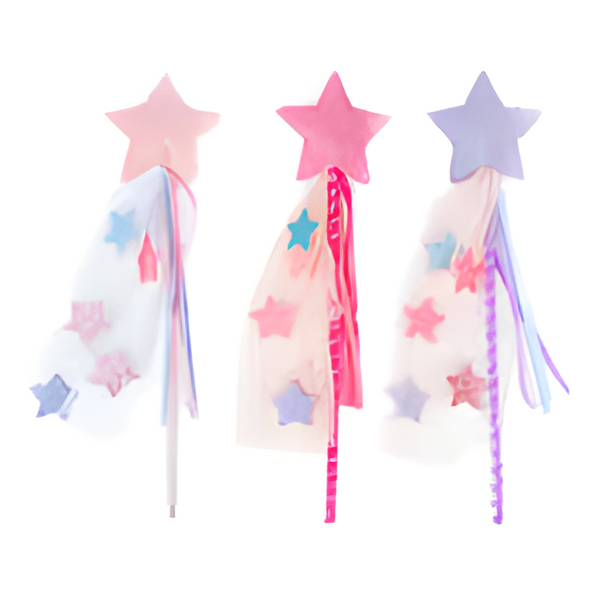 Three fairy wands with star designs on a white background