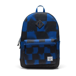 Black and blue checkered backpack on a white background