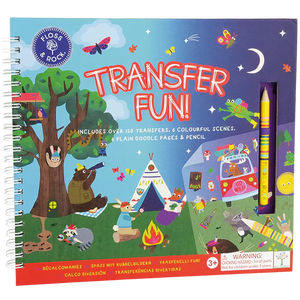 Children's activity book titled 'Transfer Fun' with colorful illustrations and a pencil on a blue background.