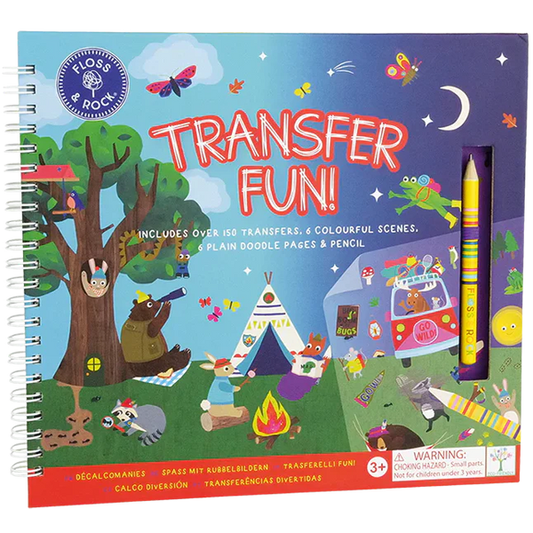 Children's activity book titled 'Transfer Fun' with colorful illustrations and a pencil on a blue background.