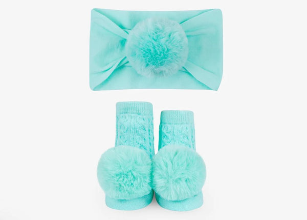 Waddle Baby Headband & Rattle Pom Sock Set | Aqua 0-12M