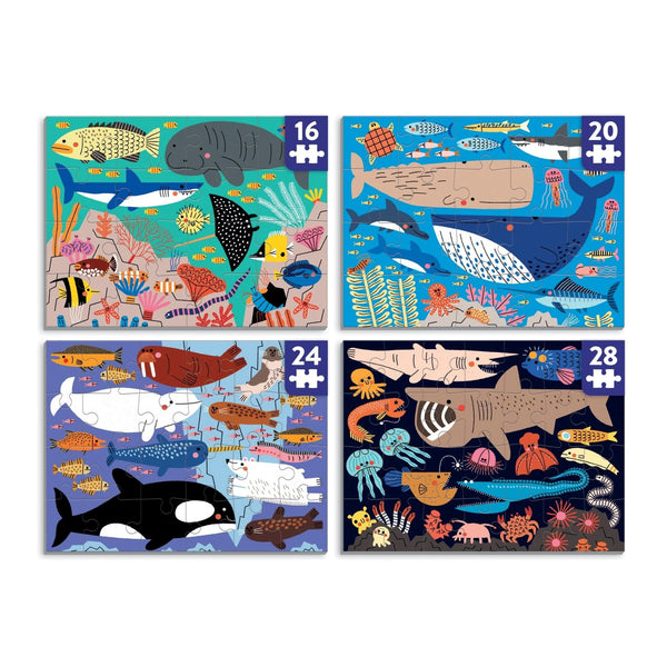 Set of four children's puzzles with ocean-themed illustrations on a white background