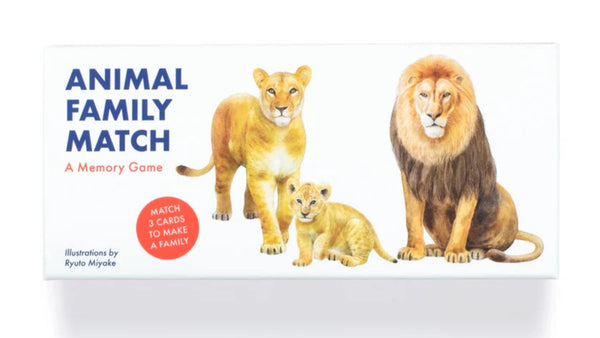The image shows the cover of the board game 'Animal Family Match' featuring illustrations of various animals including a lion, a leopard, a cheetah, and a giraffe, with a blue and white color scheme.