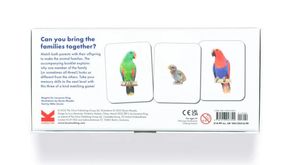 Card with parrot illustrations and text on a white background
