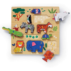 A wooden educational puzzle featuring colorful animal pieces such as a giraffe, zebra, and lion, along with numbers and a jungle backdrop.