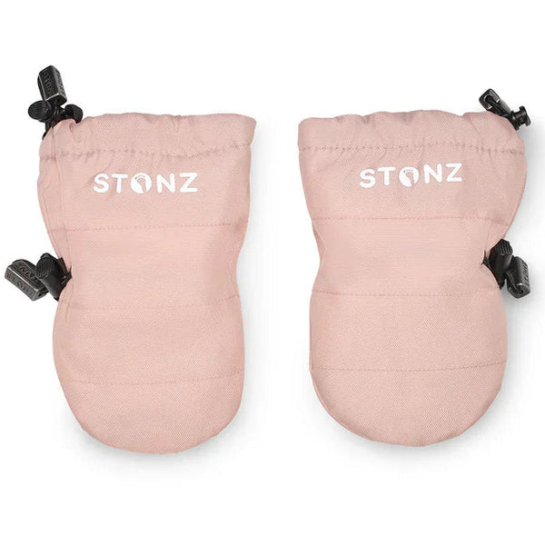 Pair of pink baby booties with 'STONZ' branding on a white background