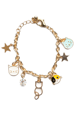 A gold-tone chain link bracelet with various cat charms including a cat face, stars, and small animals.