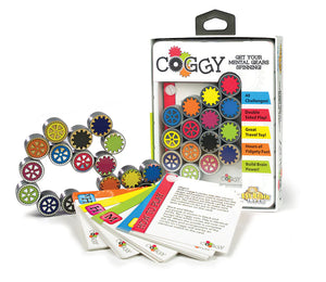 A board game set called Coggy, including colorful gears, challenge cards, and the game packaging.