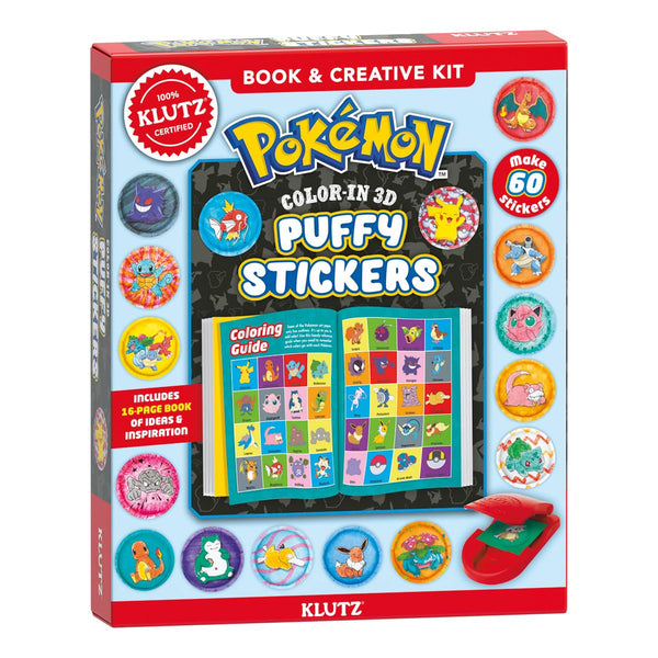 Pokémon Color-in 3D Puffy Stickers book & creative kit packaging with colorful stickers and Klutz branding.