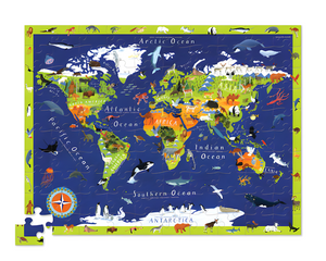 World map puzzle with animals on a white background