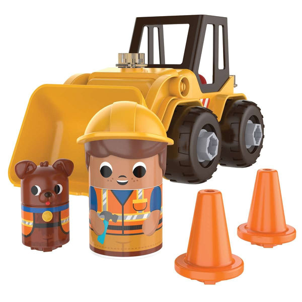 Toy construction vehicle set with character figure, teddy bear, and traffic cones on a white background