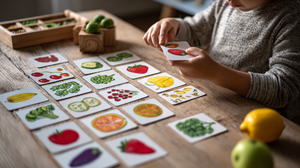 Child playing with educational cards of fruits and vegetables on a wooden table.