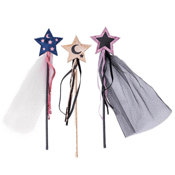 Three fairy wands with star-shaped tops on a white background