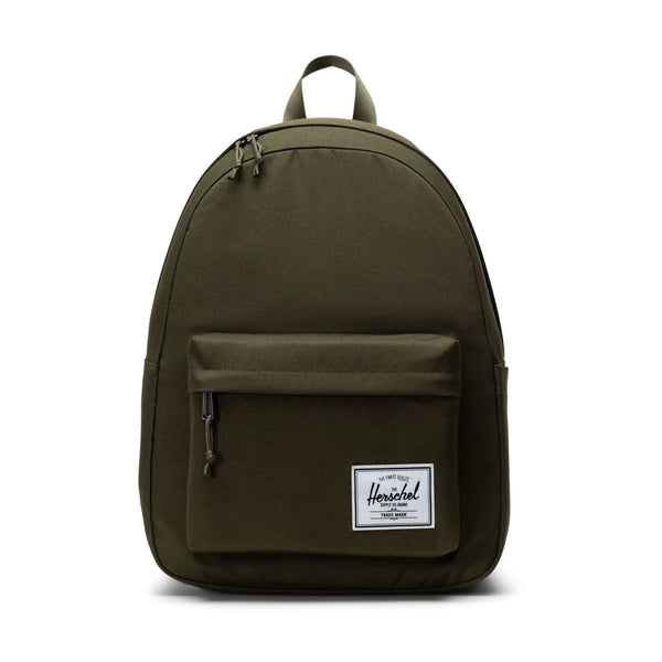 Green backpack with a visible brand logo on a white background