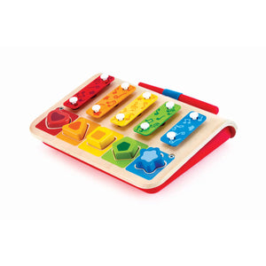 Colorful wooden toy with shape sorting and hammering elements on a white background
